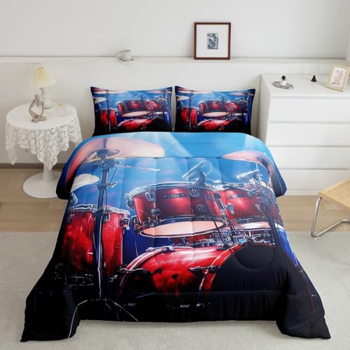 Manfei Drum Kit Comforter Set 3D Drum Kit Pattern Printed Bedding Set 3pcs for Kids Boys Teens Music Theme Quilt Set Luxury Microfiber Duvet Set with 2 Pillowcases, Queen Size