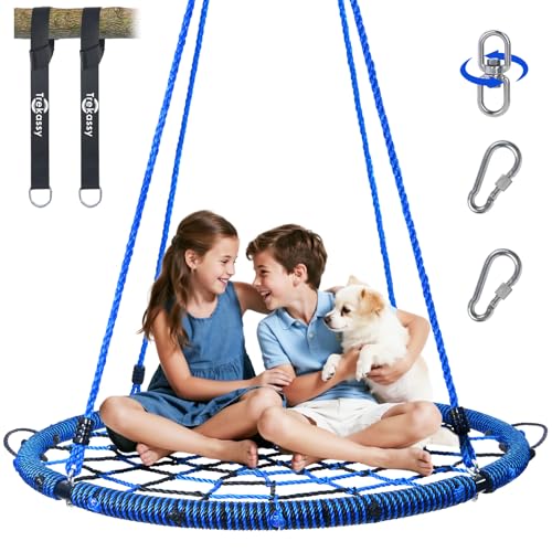 Image of Trekassy 750lbs 40 inch Spider Web Saucer Tree Swing for Kids Adults, Outdoor Net Swing with Steel Frame and 2 Hanging Straps-Blue+Black (Patented)