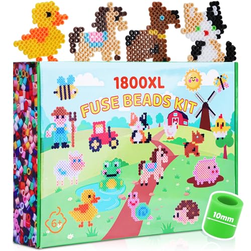 VynyQoo 10mm Bügelperlen Set, 1800 XL Große Bügelperlen in 13 Farben mit Stecktafeln, 15 Mustern, 15 Bügelpapieren, 10 Bändern, 5 Perlenketten, 5 Schlüsselanhängern, 8 Magneten, Ideal für DIY
