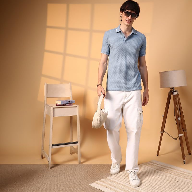 CAHOOT Men's Powder Blue Interweave-Textured Polo T-Shirt for Casual Wear | Polo Neck | Short Sleeve | Half-Button Closure | T-Shirt Crafted with Comfort Fit for Everyday Wear 4