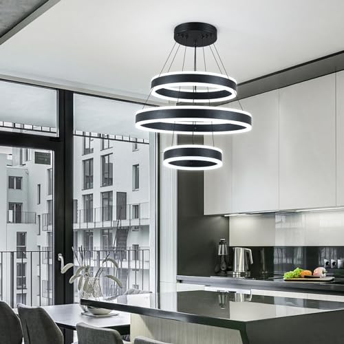 O'NEELDY Modern LED Chandeliers Adjustable Hanging Black Pendant Light Fixture 3 Ring Flush Mount Chandeliers for Bedroom,Kitchen,Island Cafe - Image 2