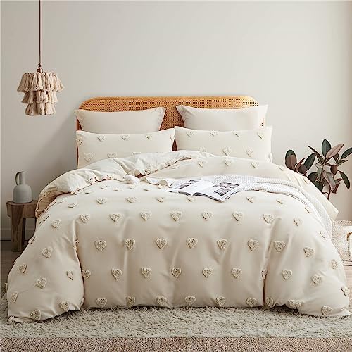 Tospass Boho Bettwäsche 200x200 Beige Stickerei Getuftet Herz BettwäscheSet | Aesthetic Bettwäsche Shabby Chic, 3teilig Mädchen, Microfaser ÖKO-TEX Bettbezug mit Reißverschluss und