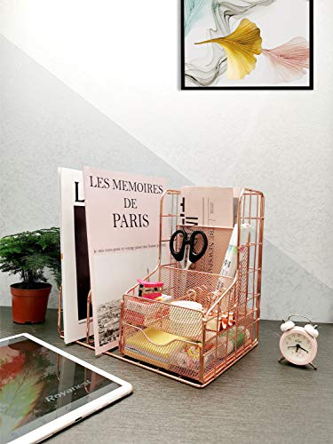 Rose Gold Mesh Desk Organizer Office Accessories (Give for Four Binder Clips) Multifunctional Desktop with 6 Compartments 1 Sliding Drawer for Home, Office, Cosmetic, Home Decor Box Storage