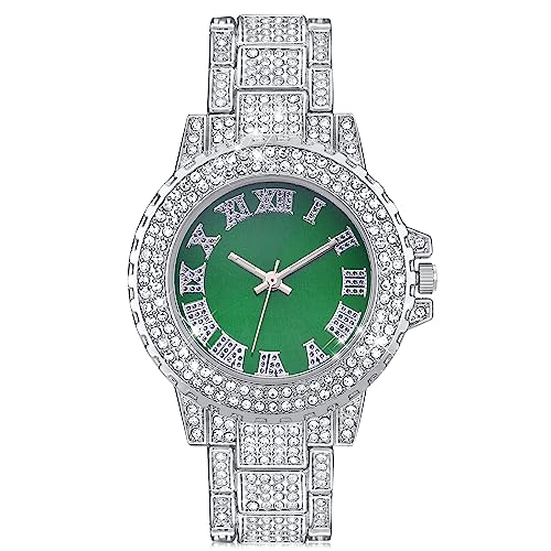 ManChDa Diamond Watch Silver Watch for Women Rhinestone Watches Women Ice Out Watch Full Diamonds Watch Quartz Crystal Stainless Steel Silver Watch Women Wrist Watch Ladies Watch Green Color
