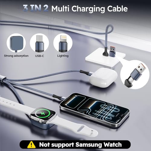 Image of Cruise Essentials 2026, 3 in 2 Multi Charging Cable for iPhone Watch Charger /iPhone 17 /IP, iWatch Charger, Travel Camping Essentials Compatible with iWatch 11-2 /Ultra /iPhone 17-8,Car (2Pack,5FT)Gray