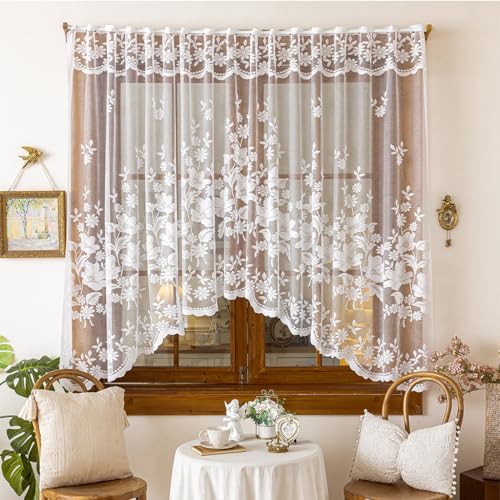 Image of HASTHIP Window Curtain for Kitchen Sheer Lace Floral Embroidered, Semi Door Divider with Rod Pocket Tab Top, Romantic Valance for Kitchen Window Cabinet Room Partition, 160x100cm