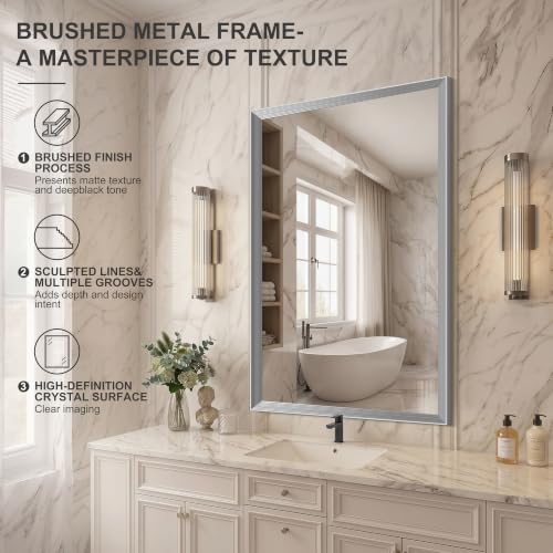 Image of DESBING 30 inchx42 inch Silver Bathroom Mirrors for Over Sink | Tempered Glass, Metal Frame, Rectangle Vanity Wall Mirror for Bathroom, Living Room, Bedroom, Horizontally or Vertically