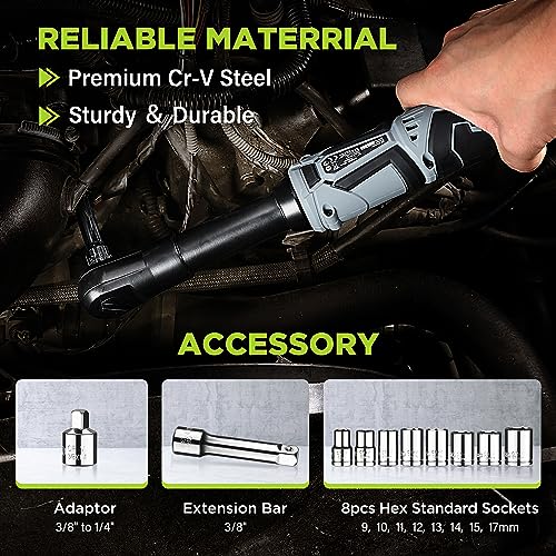 WORKPRO Accu ratelsleutel 55 Nm elektrische ratelsleutel set 12V accu ratel 3/8" draadloze ratel met 2 x 2,0 Ah accu, LED-licht, incl. 10 dopsleutels, opbergtas, oplader - Afbeelding 5