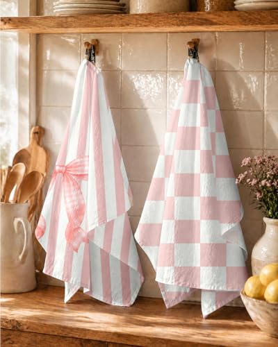 Image of Miss Adola 2 Pack Flour Sack Kitchen Towels - 16x26 Inch Cotton Dish Towels with Hanging Loop Reusable Geometric Cute Modern Retro Tea Towel Absorbent Dishcloths Home Decor, Pink Bow