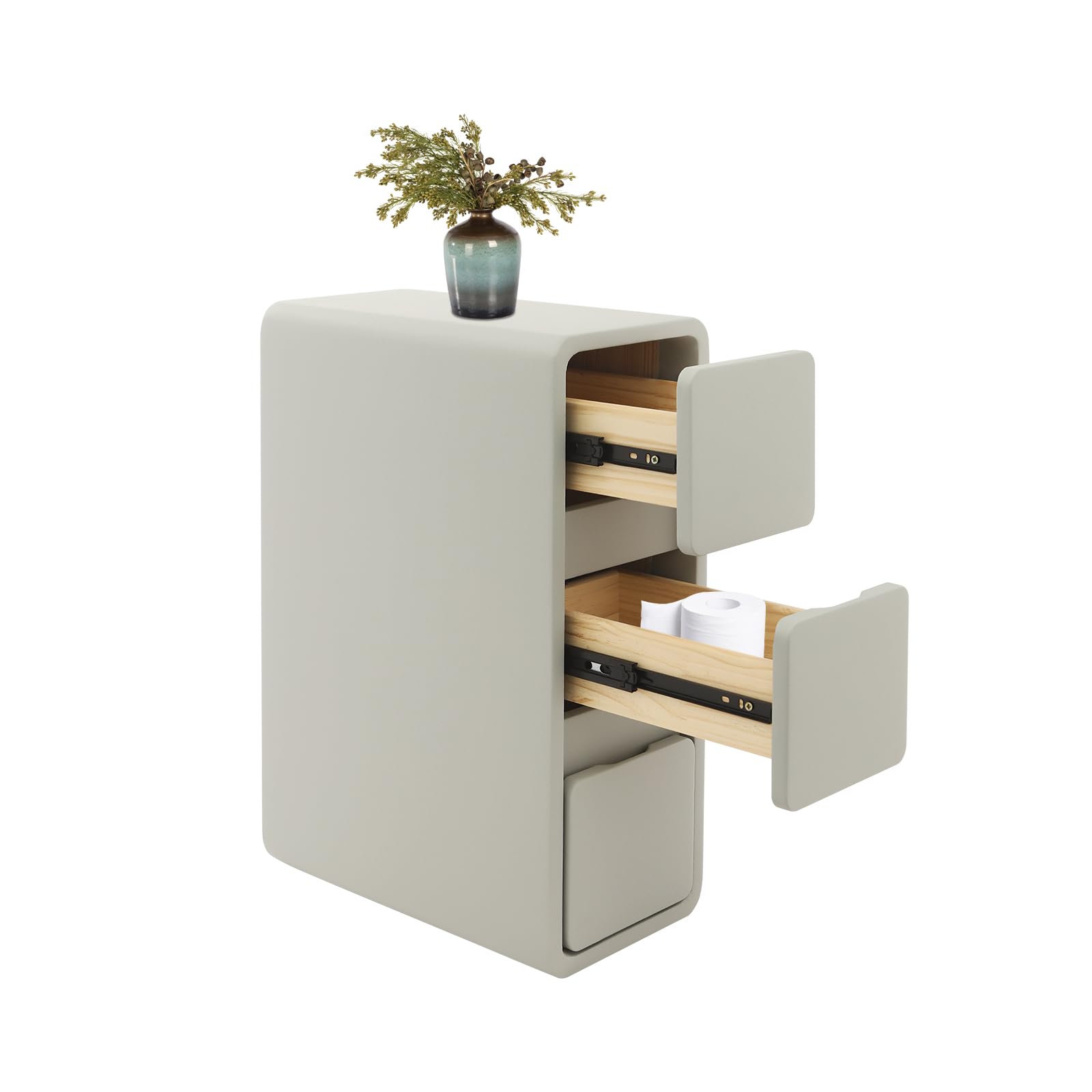 3-Layers Narrow, Solid Wood Bedside Table with Drawers, Modern Night Stand Top Storage Platform, PU Wrapping Side End for Bedroom Living Room Office (Light Grey)