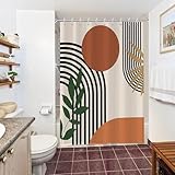 Duschvorhang 150x200cm, Uiiooazy Duschvorhang Anti Schimmel Terracotta Boho Style Grün Blätter Abstrakt Orange Duschvorhäng Stoff Waschbar Wasserdicht Polyester Bad Vorhang mit 10 Haken für Badezimmer
