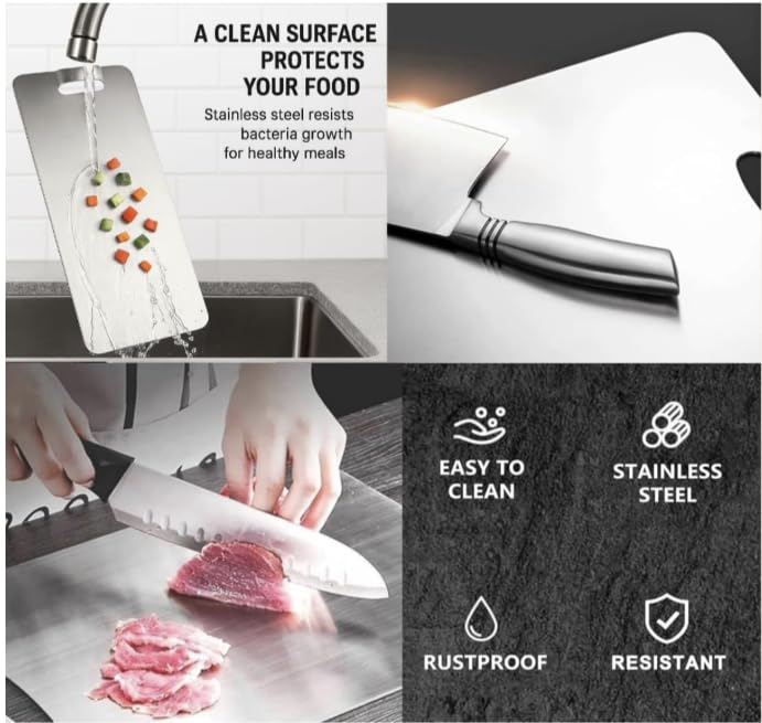 Image of Large Stainless Steel Chopping Cutting Board with Curved Handle Vegetable,Fruit,Bread & Meat Durable Safe & Heavy Duty (Stainless Steel Chopping Board)