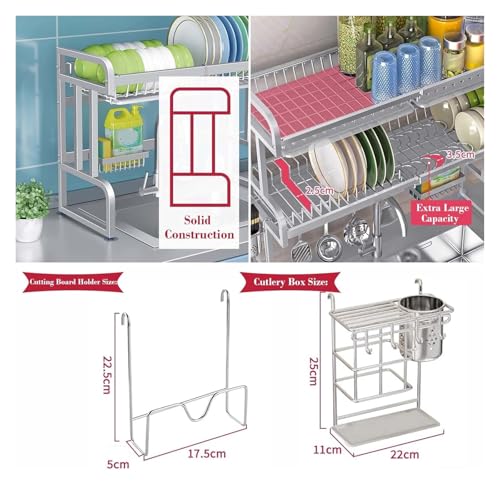Scolapiatti estensibile in acciaio inox sopra il lavello, 2 ripiani, salvaspazio, con supporto in silicone, per cucina (83 x 28 x 83 cm)