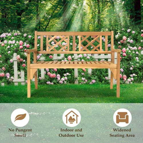 Sporfit Rustic Garden Bench, Foldable Outdoor Bench W/High Back & Armrest, 4 Ft Acacia Wood Bench, 2-Person Loveseat Chair For Front Porch, Patio, Backyard & Park, Light Teak Finish #TOP3