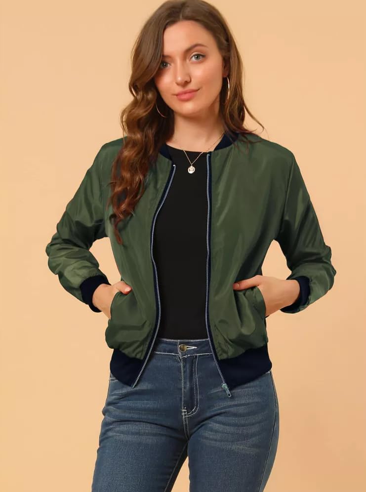 Image of TAGAS Women's Solid Bomber Jacket - Lightweight Zip-Up Stylish Casual Wear - Full Sleeve Windcheater for Girls & Women