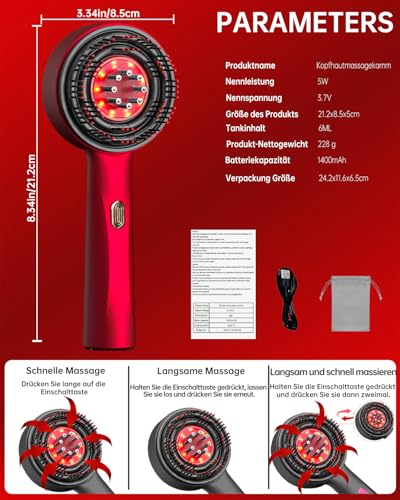 Elektrische Kopfhaut-Massagebürste mit Haaröl-Applikator – 2-in-1 Kopfmassagegerät für Tiefenentspannung Massage und Kopfhautpflege(Rot)