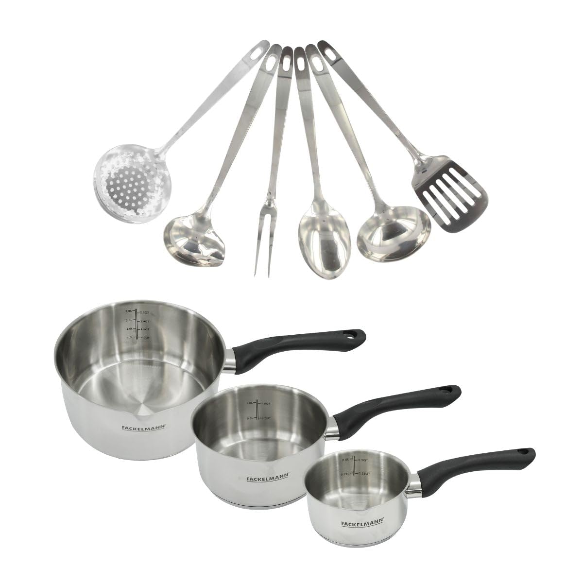 Fackelmann 9446050 Kochtopf-Set, 3-teilig, 12, 16 und 20 cm, Edelstahl 18/8 und 6 Kochutensilien, alle Herdarten, Induktion, PFAS-frei, Edelstahl 18/8, 12, 16, 20 cm