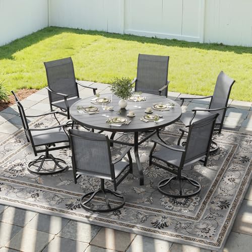 Image of Soohow 7-Piece Outdoor Dining Set, Round Table Patio Dining Set for 6, 6 x Swivel Patio Chairs and 1 x 47 Round Outdoor Dining Table, for Poolside, Backyard and Proch