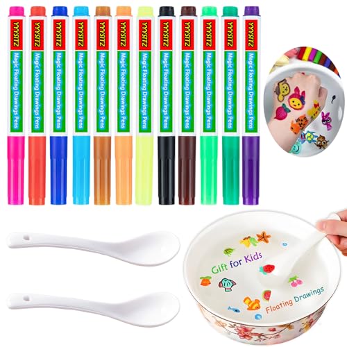 Kiddies Create Magical Floating Drawings Pens, 12 Colors Magic Floating Markers Bundle, Magic Drawing Pen for Kids Water, Magical Draw Pens Set with Spoons for DIY Tattoo, Gifts for Boys and Girls