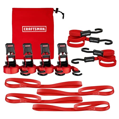 CRAFTSMAN CMXAZBS777 Black/Red 10-Piece Tie-Down Kit with Ratchet Straps, Bungees, Soft Loops and Storage Bag (1,500 lb Break Strength) - Cargo Management and Hauling by CRAFTSMAN - Used condition - US$25.91