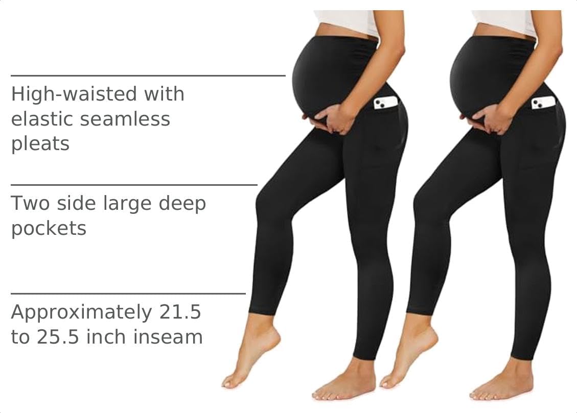 Happy.angel 2/3/4 Pack Maternity Leggings with Pockets Over the Belly, Womens Black Workout Yoga Pregnancy Pants