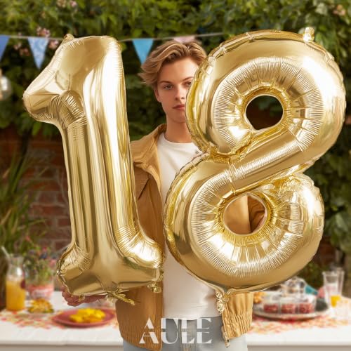 Image of AULE 40 Inch Large 18 Balloon Numbers Light Gold, Big Foil Number Balloons, Giant Helium 81 Happy Birthday Party Decorations for Man and Women, Huge Mylar Anniversary Party Supplies