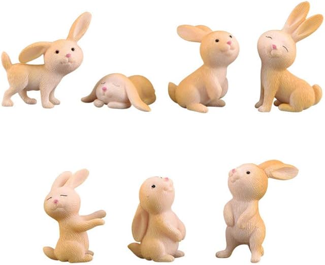 Healifty 7pcs Miniature Rabbit Ornament Fairy Garden Mini Animal Figure Dollhouse Landscape Ornament DIY Craft Easter Party Decoration (Mixed Style, Random Color)