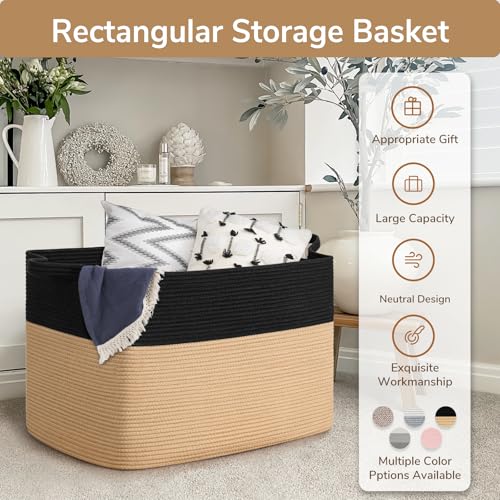 Image of Goodpick 105L Extra Large Woven Blanket Basket Cotton Rope Storage Baskets for Organizing, Kids Toy Storage Organizer for Living Room Nursery, 25 inchx16 inchx16 inch, Black & Jute