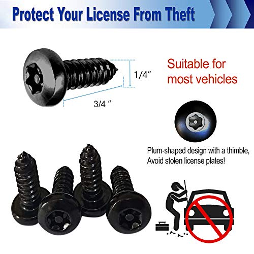 AOOTF Black Anti Theft License Plate Screws - Stainless Steel Mounting Hardware Kit for Front/Rear, M6 Security Screws, Caps, Plug-in Fasteners, Rattle Proof Pads