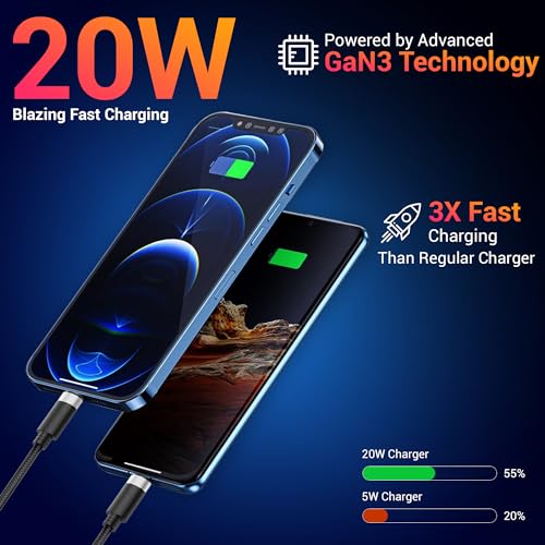 Image of Tukzer 20W Dual Port GaN3 Ultra 2X Faster Charger(Type C PD3.0 & USB QC3.0) Adapter for iPhone 17 /17 Plus /17 Pro /17 Pro Max, iPhone 16 /16 Plus /16 Pro /Max,15 /14 /13 /12 Series,Samsung,MacBook,Laptops-BLK