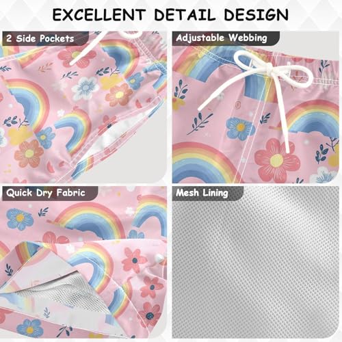 Pigsaly Boys Swim Trunks Cute Pastel Pink Rainbows Flowers Boys Board Shorts Swimsuit Swimwear Summer Bathing Suit 5T3