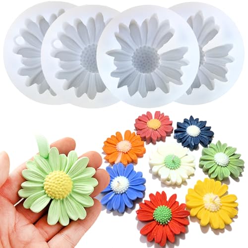 4 PCS Daisy Flower Silicone Molds for Candles 3D Flower Candle Mold Silicone Daisy DIY Soap Wax Epoxy Resin Plaster Concrete Casting Polymer Clay Craft Chocolate Fondant Cake Topper Decoration Mold