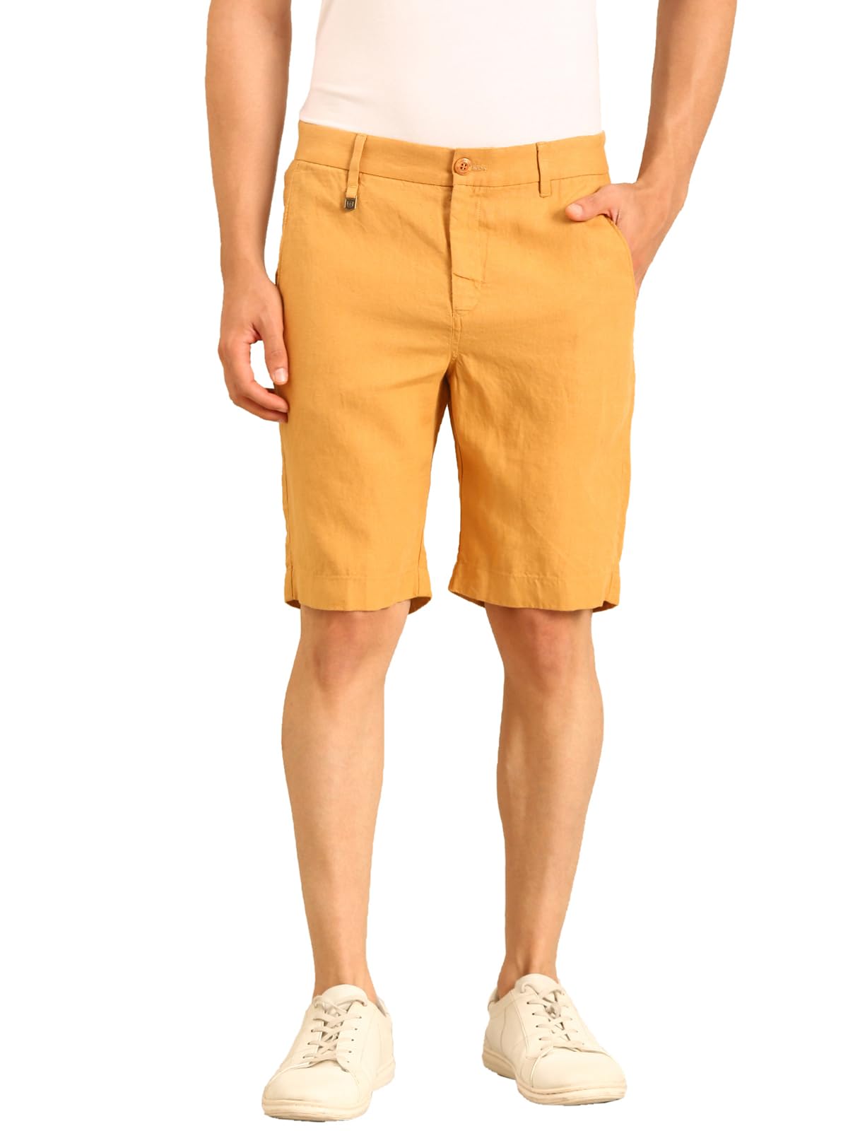 linen club Men's Linen Mustard Yellow Solid Contemporary Fit Casual Shorts-picture-51