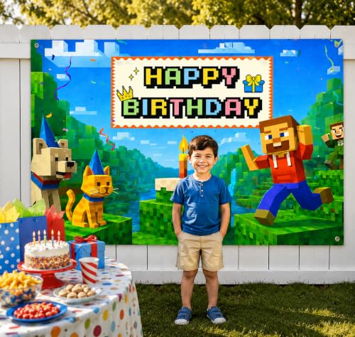 Image of Happy Birthday Banner Boy 6x4ft Birthday Sign Village Gaming Birthday Party Decorations Videogame Themed Banner Video Game Decorations Video Game Happy Birthday Backdrop for Boys