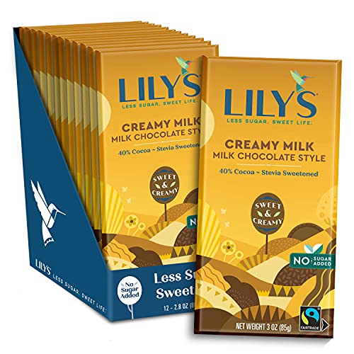 Creamy Milk Chocolate Bar by Lily's | Stevia Sweetened, No Added Sugar, Low-Carb, Keto Friendly | 40% Cocoa | Fair Trade, Gluten-Free & Non-GMO | 3 ounce, 12-Pack