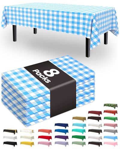 Image of Pureegg Plastic Table Cloth Disposable 8 Pack, 54 x 108 Inch Table Cloths, Party, Picnic, Decorative Gingham Tablecloths, Rectangle, Blue and White Checkered Cover, Leakproof & Sturdy, Blue Plaid
