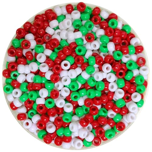 1200 Pcs Christmas Pony Beads for Crafts Red Green White Plastic Beads for Jewelry Making Bulk for Christmas and New Years (Red Green White)