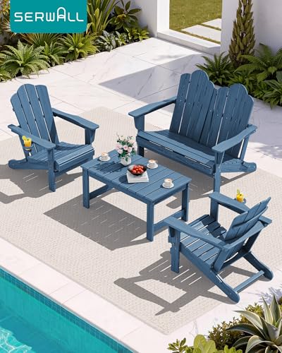 Image of SERWALL 4-Pc HDPE Adirondack Set, 2 Chairs, 1 Bench & 1 Coffee Table, Navy