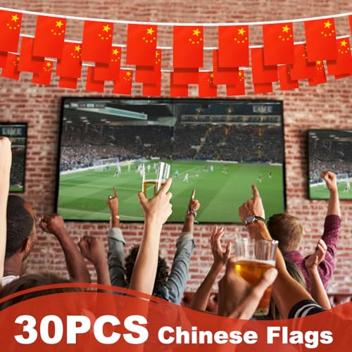 Image of China String Flag Pennant Banner, Small Mini Chinese Flags Bunting Banner, National Country Decoration for School, Party, Sports Events, Patriotic Festival, 33 Feet 30 Flags