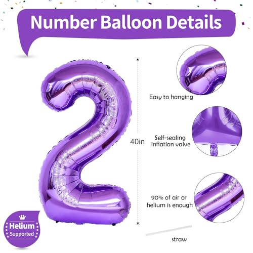 Image of 40 Inch 2nd 20th Birthday Number Balloon, Purple Foil Giant Number 2 Balloons, Self Inflating Number Balloon for Women Happy Birthday Party Anniversary Graduation Party Decoration Girls Kids Supplies