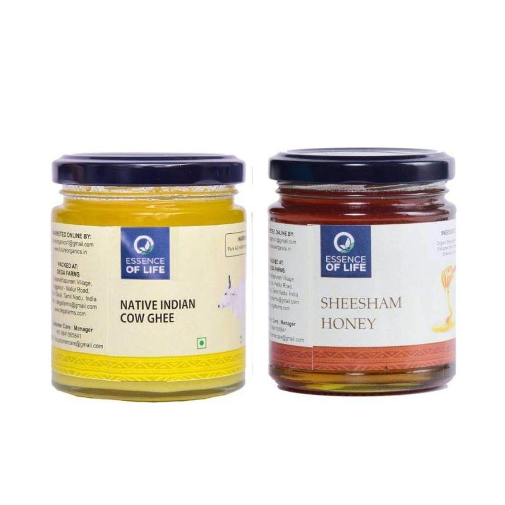 Essence of Life Native Indian Cow Ghee - 175 ml Plus Combo Pack with Sheesham Honey 250 Gram