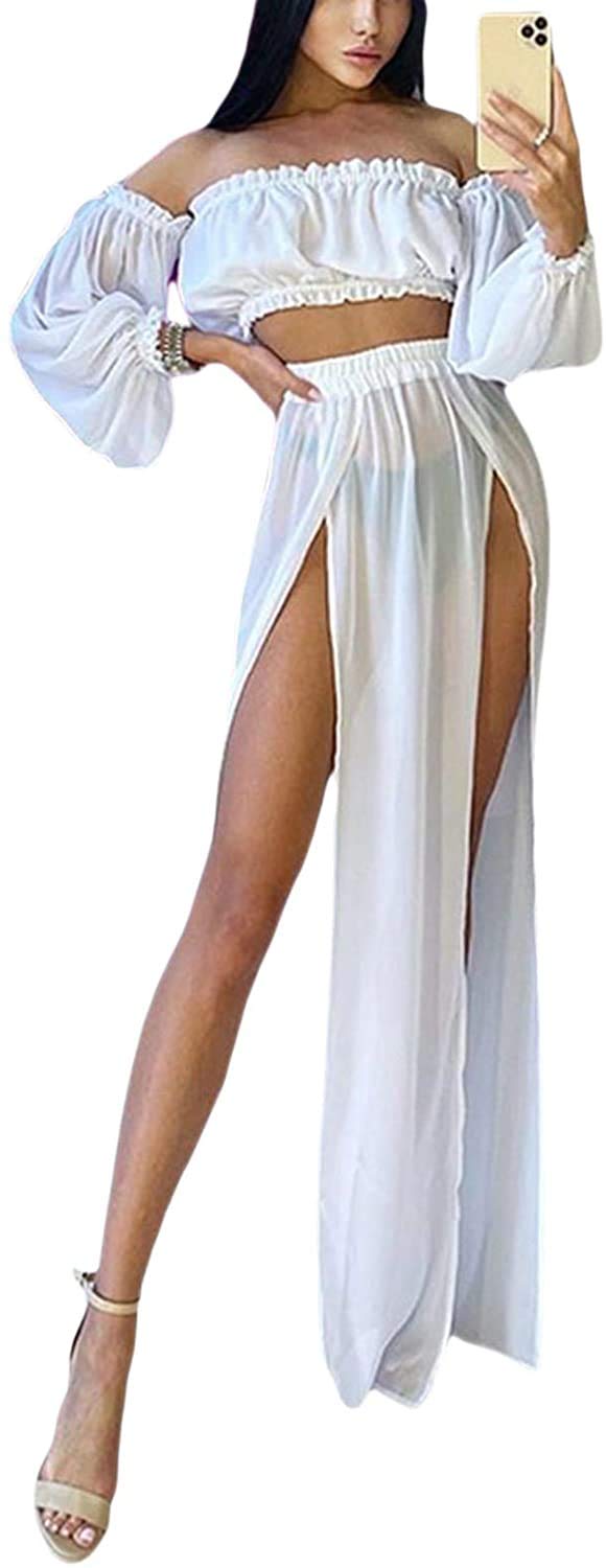 LoalirandoVestido de Playa 2 Piezas Traje de Baño para Mujer Cubierta de Bikini Crop Top Camiseta Corta de Manga Larga Falda Larga con Aberturas Pareo Cover Up Verano de Encaje para Viaje Vacaciones