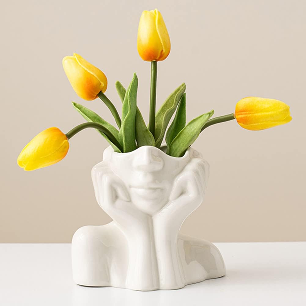 Ceramic Face Vase, White Flower Vases for Decor Female Form Head Half Body Vase Boho Unique Decorative Modern Style for Home Living Room Office Book Shelf (Medium)