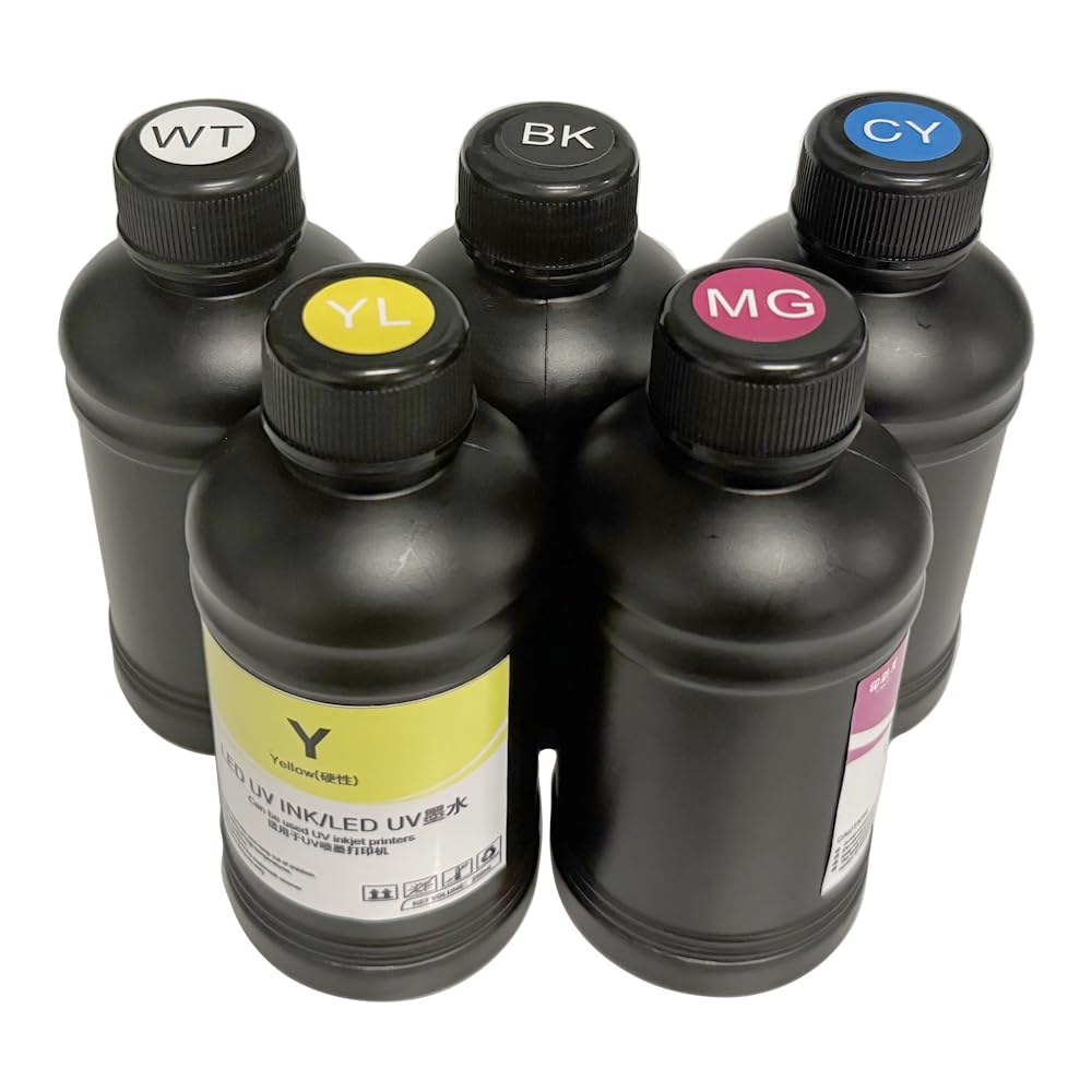 Inchiostro UV LED per stampante UV, 5 x 250 ml, 5 colori: ciano, giallo, nero, magenta, bianco