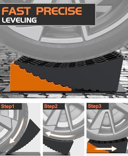 Image of RV Leveling Blocks Ramp Kit, 2 Packs Camper Leveler System for Travel with Two Chocks, 2 Anti-Slip Mats, 1T Bubble Level and Carry Bag, Up to 35000 LBS, Easier & Faster to Level Camper-Orange