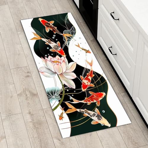 Tapis de sol carpe koï 80x250 cm antidérapant au motif lotus doré pour salon