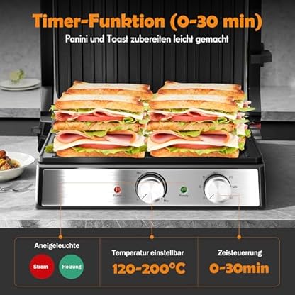 KEINVE Kontaktgrill, Elektrogrill, Sandwichtoaster, Fettarmes Grillen, Panini, Toasts, Steak, Gemüse, Antihaftbeschichtete Grillplatten, 2000W, 35x13x32, Edelstahl/Schwarz – Bild 3