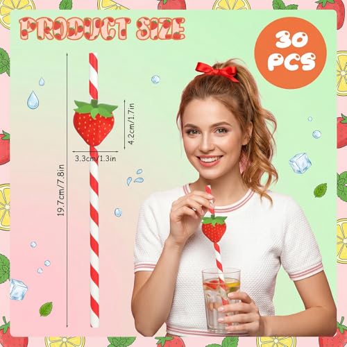 30 pitillos de papel rojo con diseño de fresa miniatura 2