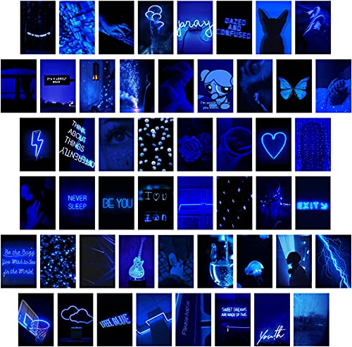 EDUS Neon Blue Posters for Aesthetic Room Decoration Blue Wall Decor Collage Kit Prints, 50pcs 4x6 inch