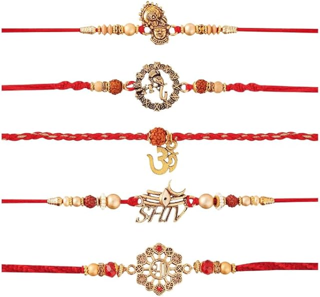 Set of 5 Rakhi For Brother With Card Metal Pendant For Raksha Bandhan Designer Rakhi Thread for Bhaiya (Set of 5-3)
